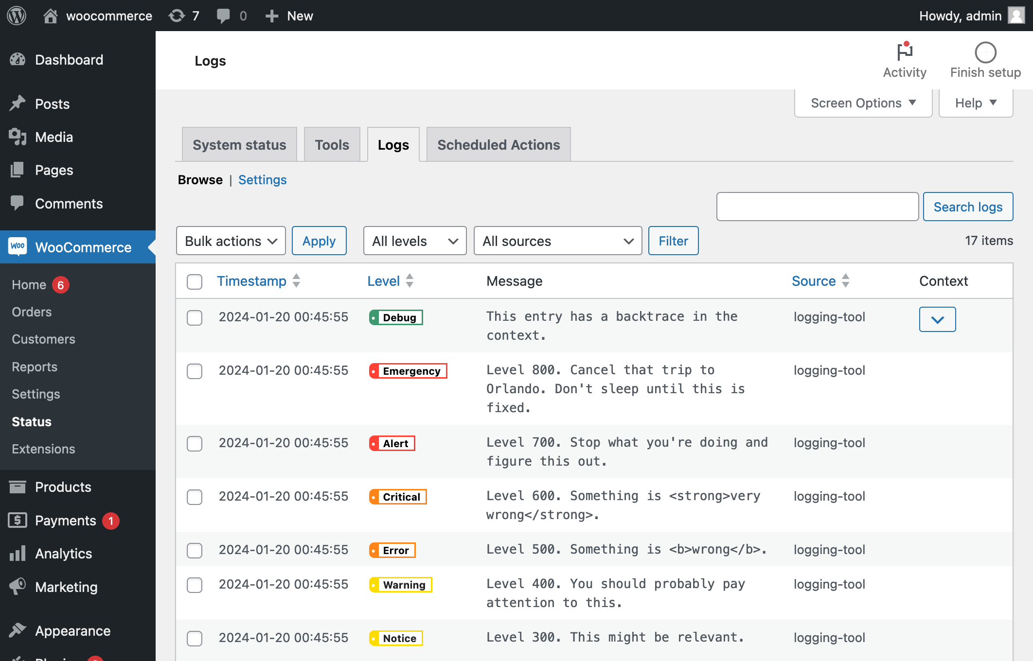 The log viewing interface when log entries are stored in the database
