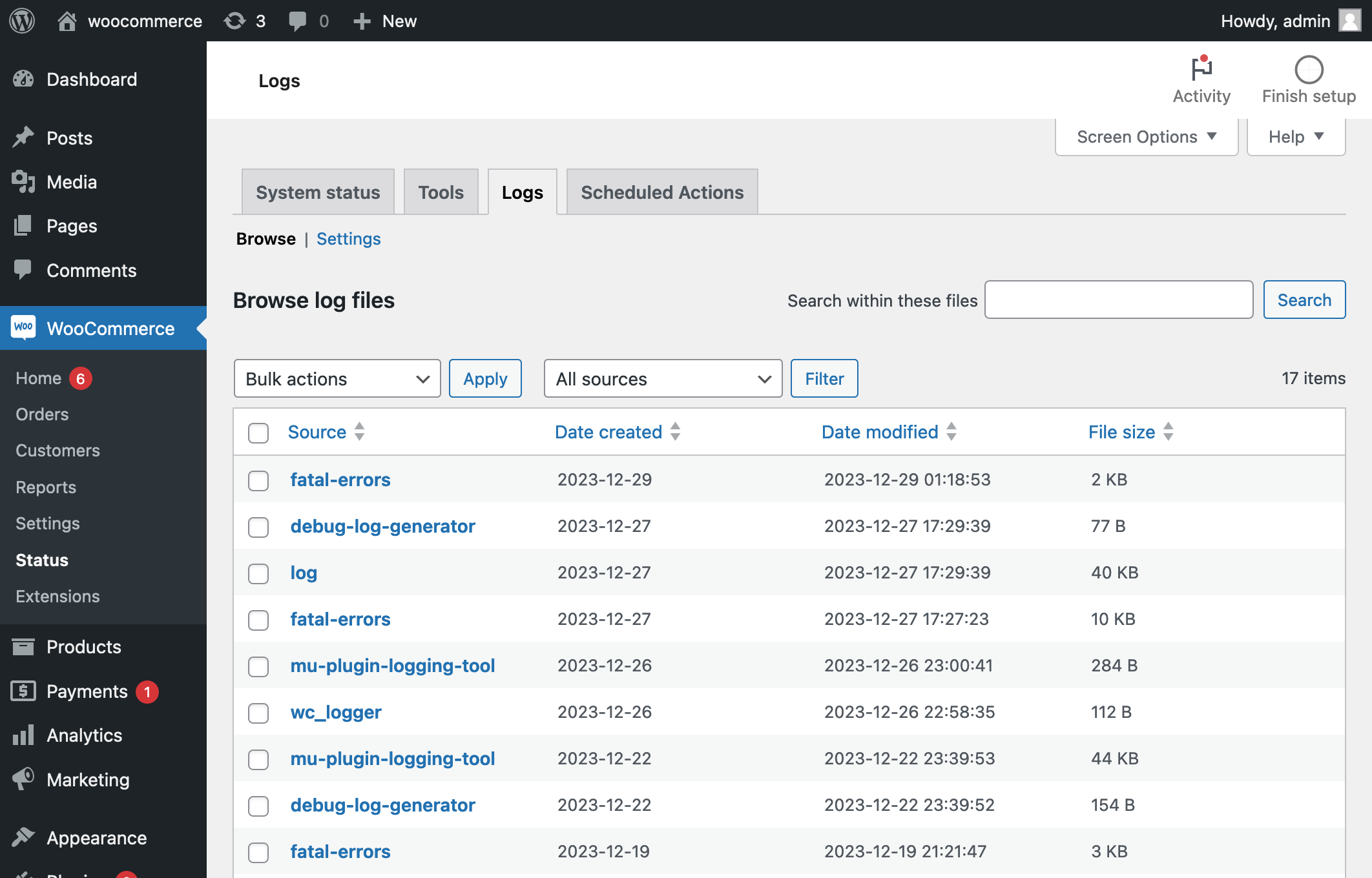 The default log viewing interface, showing a list of log files