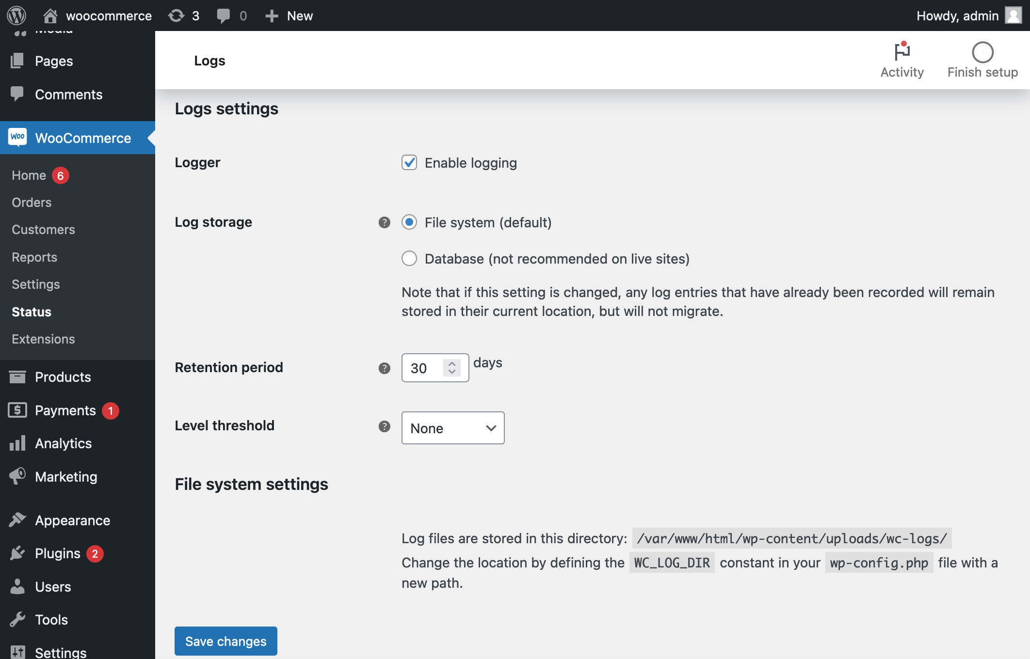 The Logs settings screen