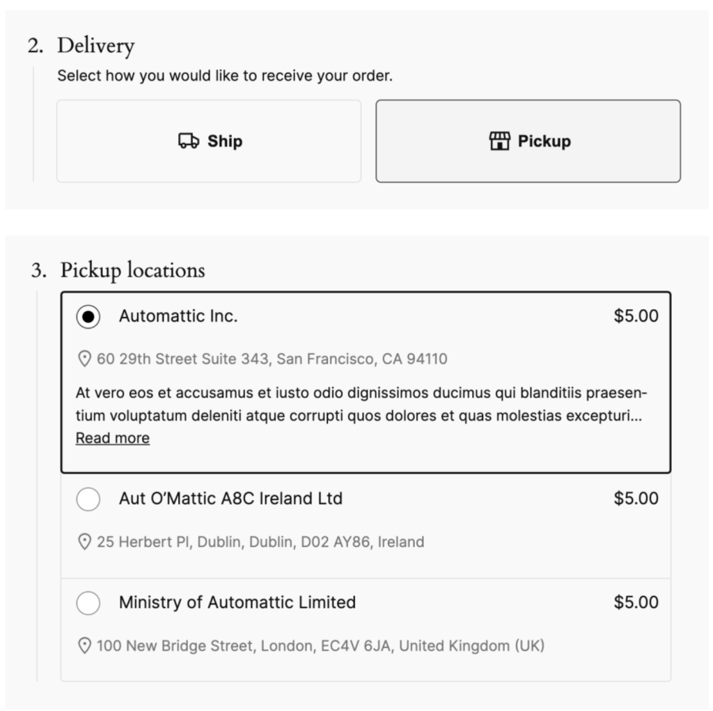 shipping selection screenshot